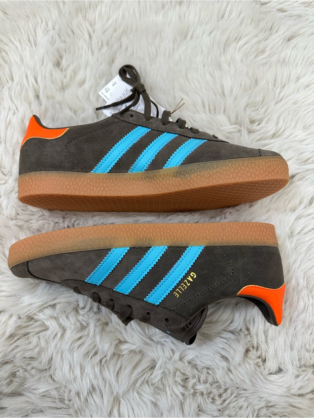 adidas Brown Suede Sneakers with Bright Blue Stripes and Orange Heel